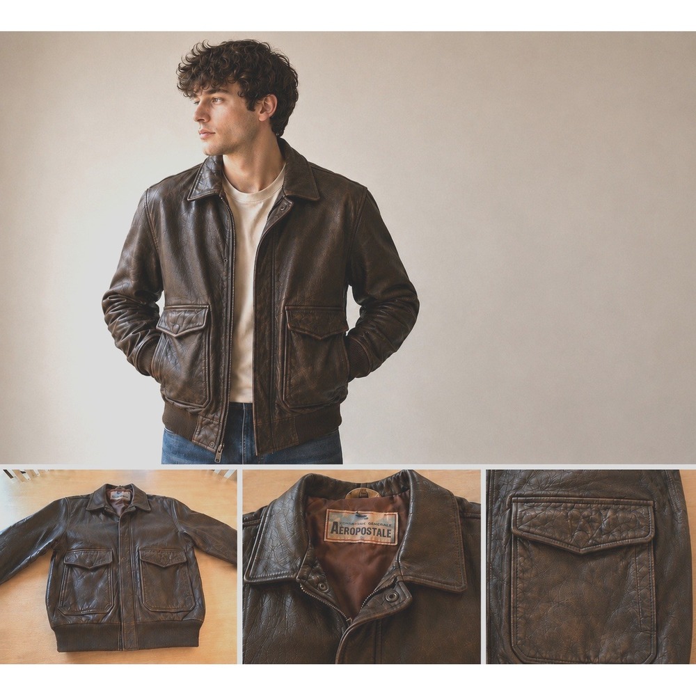 Vintage Aeropostale Brown Leather Flight Bomber Distressed Jacket 40 Coat